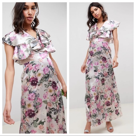 NWT ASOS Floral Ruffle Sleeve Lace Maxi Dress 6